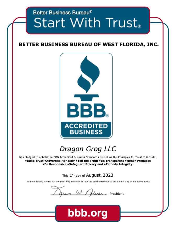 Better Business Bureau Certificate For Dragon Grog LLC